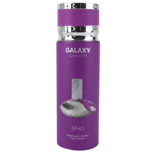 Front view of Galaxy Concept Epho perfume spray for women, 200 ml bottle, featuring a bold purple design with a graphic of a stylized bottle.