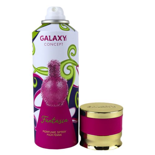Fantasia perfume spray for women by Galaxy Concept, 200 ml can with a vibrant design featuring green and pink swirls and a perfume bottle illustration. The gold and pink cap is placed beside the can.