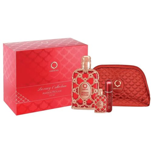 Orientica Amber Rouge Luxury Collection gift set, including a large perfume bottle, travel-size spray, mini perfume bottle, and a stylish red cosmetic bag.