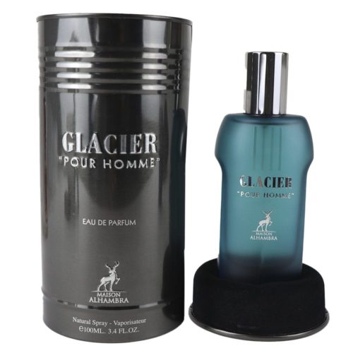 Glacier Pour Homme Eau de Parfum by Maison Alhambra with its bottle displayed beside the black cylindrical container; the bottle has a sleek, silver cap.