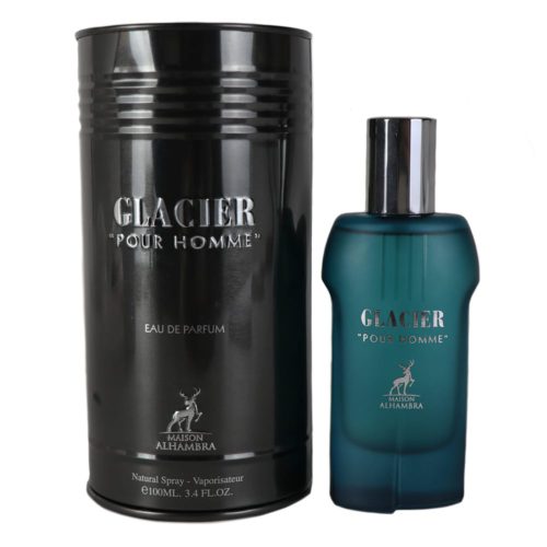 Glacier Pour Homme perfume bottle in a frosted blue glass with a silver cap, next to a tall, black cylindrical box with silver embossed text.