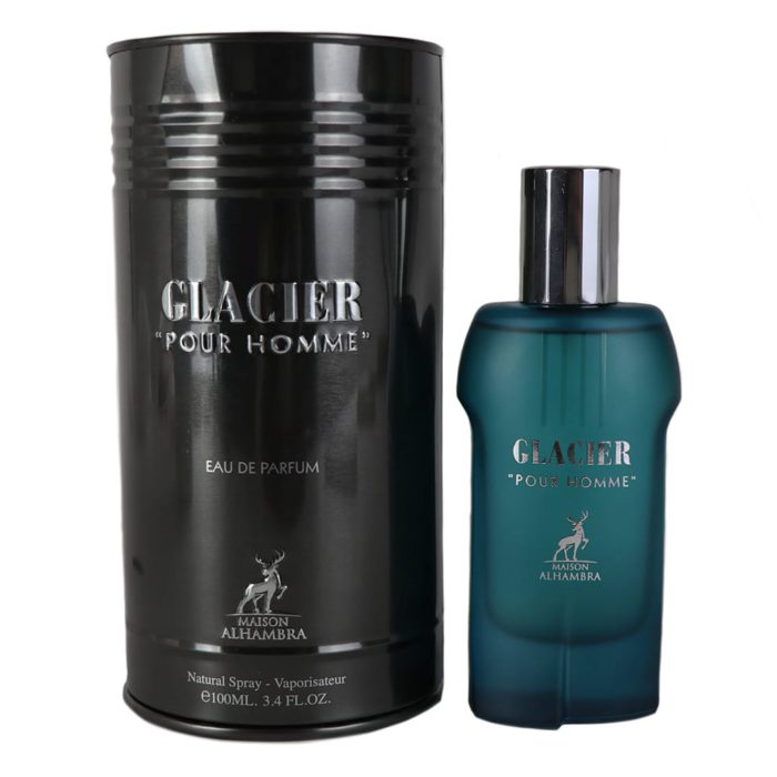 Glacier Pour Homme perfume bottle in a frosted blue glass with a silver cap, next to a tall, black cylindrical box with silver embossed text.