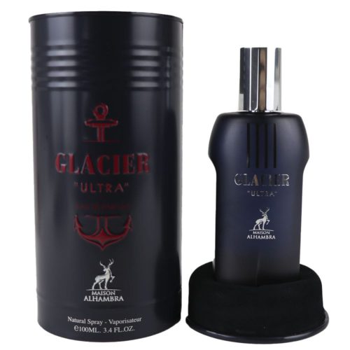 Glacier Ultra Eau de Parfum by Maison Alhambra with its bottle placed beside its black cylindrical container; the bottle features a sleek design with silver accents.