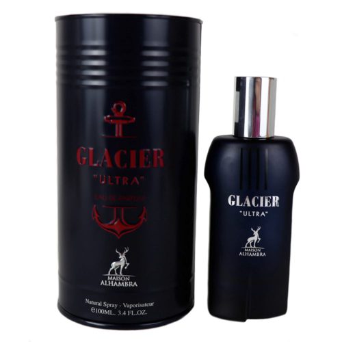 A sleek black perfume bottle with silver accents, labeled "Glacier Ultra," paired with matching cylindrical black packaging featuring red text and an anchor design.