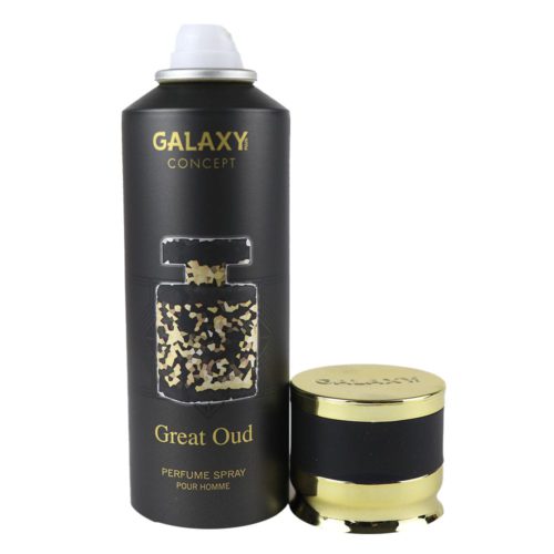 Avalanche perfume spray for men by Galaxy Concept, 200 ml can with an open cap, featuring a sleek black design with silver accents.