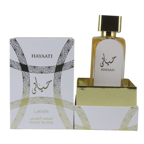 Hayaati Gold Elixir Eau de Parfum 100 ml by Lattafa, with box and bottle displayed, featuring gold accents and Arabic script on white packaging.