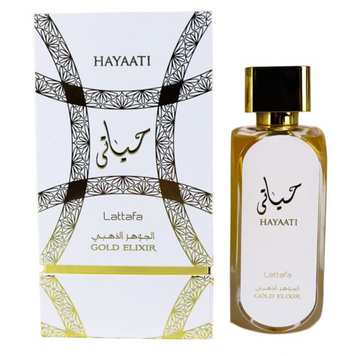 Hayaati Gold Elixir by Lattafa, presented in a sleek golden bottle with a white and gold ornate box featuring Arabic and English text.
