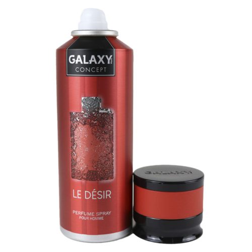 Galaxy Concept Le Désir perfume spray for men, 200 ml can, with the cap removed, showing the spray nozzle. The bottle features a bold red design.