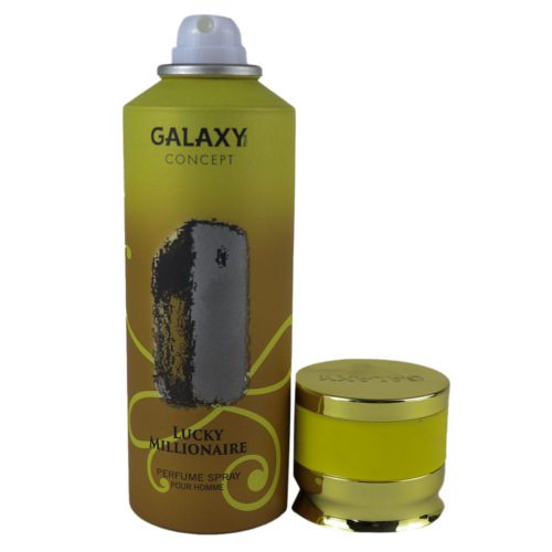 Galaxy Lucky Millionaire perfume spray can for men, shown with the cap removed, displaying the spray nozzle.