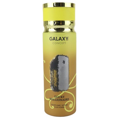 Front view of Galaxy Lucky Millionaire perfume spray for men, 200 ml can, with a gold and yellow design.