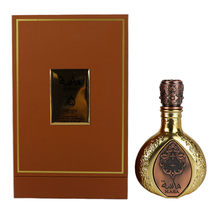 Lattafa Masa perfume bottle together with its brown and gold packaging, with detailed embossed designs on the bottle and a shiny gold label on the box.