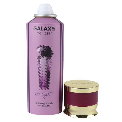 Front view of the Galaxy Plus Concept MIDNIGHT Perfume Body Spray for women, featuring a sleek purple bottle with gold accents and the product name in elegant script.