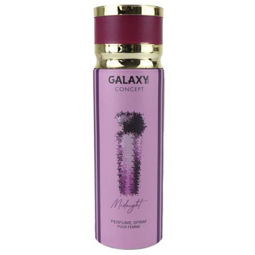 Side view of the Galaxy Plus Concept MIDNIGHT Perfume Body Spray for women, highlighting the luxurious purple and gold design with the product logo and name prominently displayed.