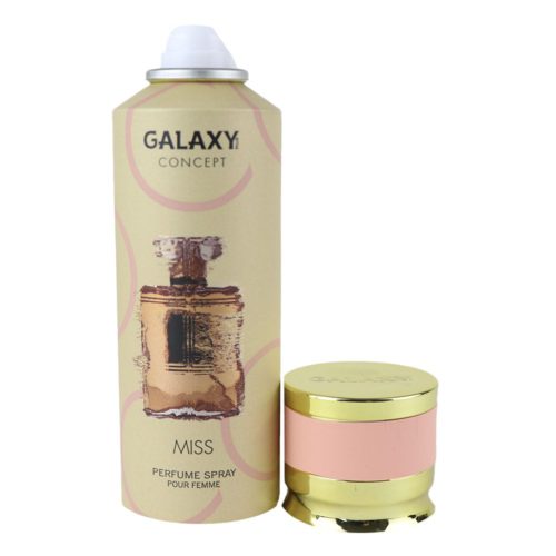 Galaxy Plus Concept Miss perfume spray for women, showing the canister with a gold and pink lid removed, highlighting the spray nozzle.