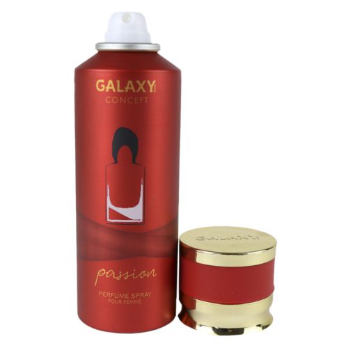 Passion perfume spray for women by Galaxy Concept, 200 ml can with a bold red design, featuring a silhouette-style perfume bottle illustration. The gold and red cap is placed beside the can.