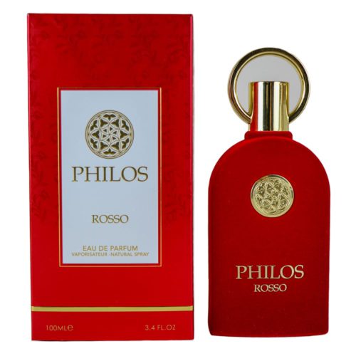 A red perfume bottle with gold accents and matching packaging labeled "PHILOS ROSSO," Eau de Parfum, 100ml.