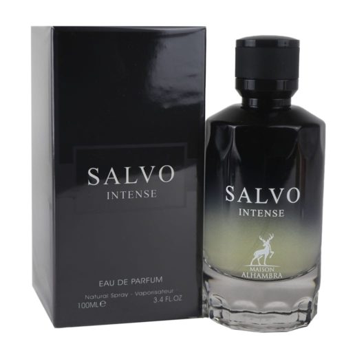 Salvo Intense Eau de Parfum 100 ml by Maison Alhambra, featuring a gradient black to clear bottle next to its sleek black packaging.