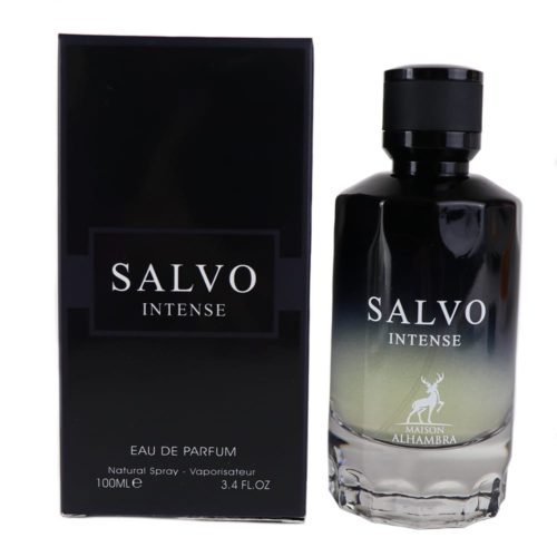 Bottle of Salvo Intense Eau de Parfum, 100ml, by Maison Alhambra, featuring a gradient black-to-clear design, displayed next to its sleek black box.