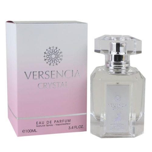Versencia Crystal Eau de Parfum by Maison Alhambra, featuring a transparent 100ml perfume bottle with a silver label, alongside a gradient pink and white box.