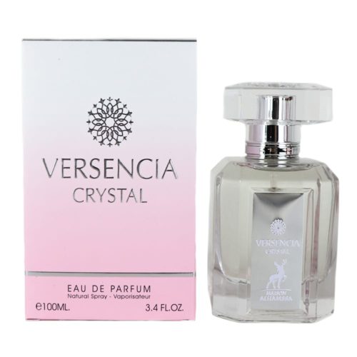Versencia Crystal Eau de Parfum by Maison Alhambra, featuring a transparent 100ml perfume bottle with a silver label, alongside a gradient pink and white box.