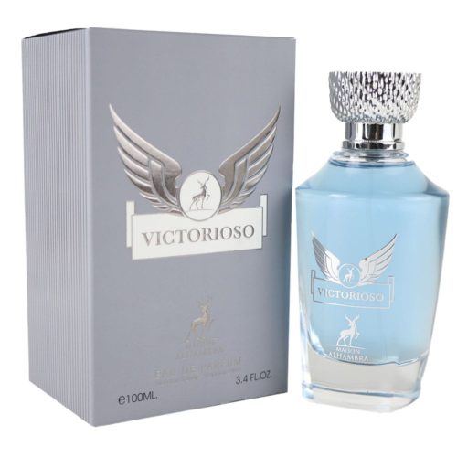 Victorioso Eau de Parfum by Maison Alhambra displayed with its light blue bottle beside a grey box featuring winged emblem and silver accents.