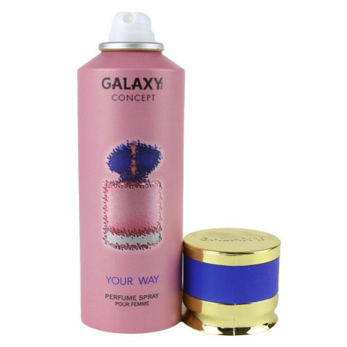 Your Way perfume spray for women by Galaxy Concept, shown with the cap removed to display the pink can design and blue accents, featuring a perfume bottle illustration.