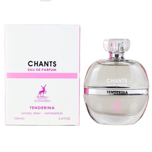 Maison Alhambra Chants Tendrina Eau de Parfum 100 ml bottle and box, featuring a transparent glass bottle with a silver accent and elegant pink and white packaging.
