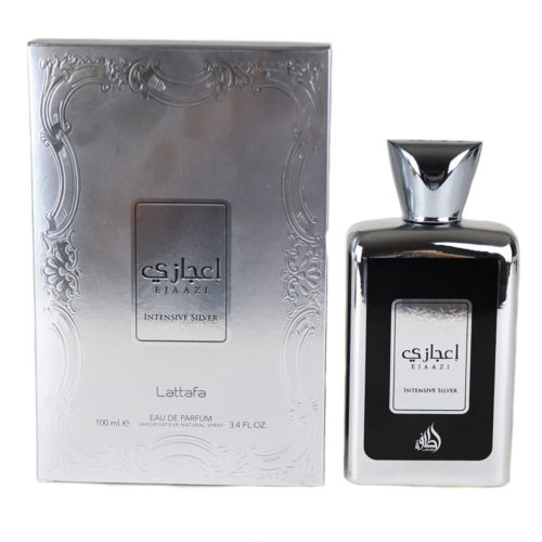 Ejaazi Intensive Silver Eau de Parfum by Lattafa, featuring a sleek silver box and matching metallic perfume bottle with a sophisticated design.