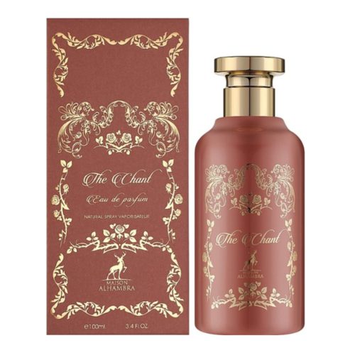 Maison Alhambra The Chant Eau de Parfum 100 ml bottle and packaging, featuring an elegant matte brown design with intricate gold floral patterns and branding details.