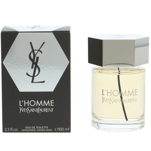 YSL L'Homme Eau de Toilette for Men de Yves Saint Laurent, frasco de 100 ml expuesto junto a su elegante envase negro y plateado.