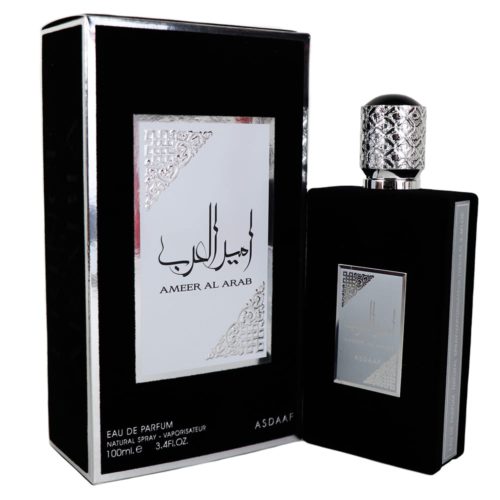 Asdaaf Ameer Al Arab perfume bottle and box set in black with silver accents and intricate Arabic patterns.