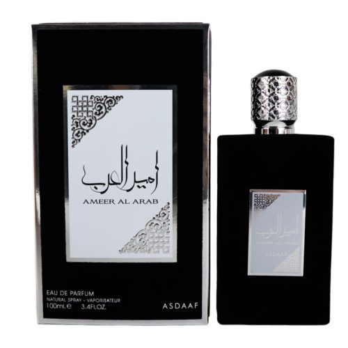 Complete set of Asdaaf Ameer Al Arab perfume with the box and bottle displayed side by side.