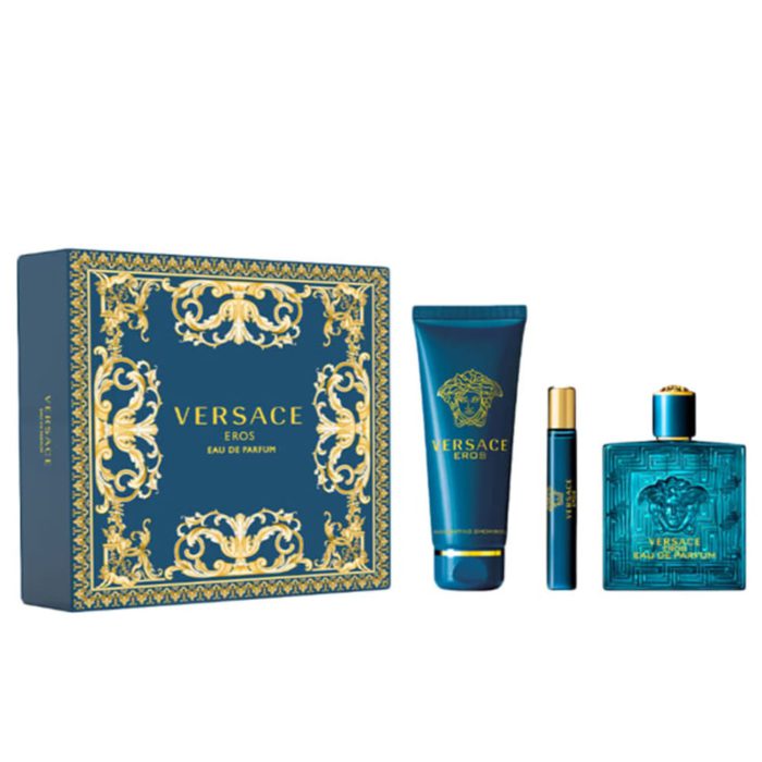 Versace Eros Eau de Parfum gift set for men. Includes a decorative blue and gold box, 100 ml EDP bottle, travel spray, and perfumed body lotion.