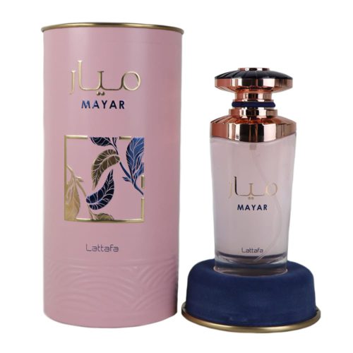 Mayar Eau de Parfum by Lattafa, featuring a pink 100ml bottle with rose gold accents, displayed alongside its pink cylindrical packaging with floral details and a blue velvet base.