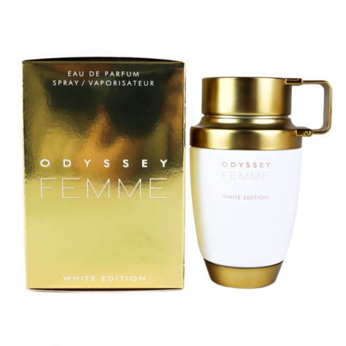 Odyssey Femme White Edition perfume box and bottle displayed side-by-side, showcasing the luxurious gold and white design.
