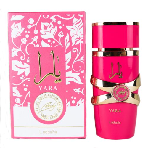 Yara Candy perfume box by Lattafa in pink, featuring elegant floral patterns and golden text in the center.