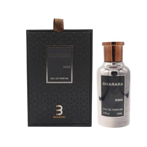 Bharara King Eau de Parfum gift set with metallic silver bottle and elegant black box.