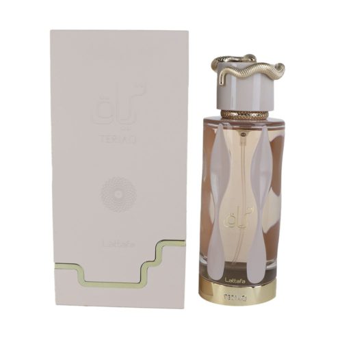 The Lattafa Teriac perfume bottle displayed alongside its cream-colored box, featuring embossed Arabic text and subtle golden accents.
