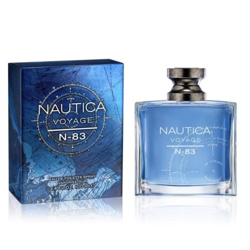Nautica Voyage N-83 Eau de Toilette. The image features a sleek rectangular glass bottle filled with blue liquid and a silver cap, next to its deep blue box with compass-inspired nautical designs.