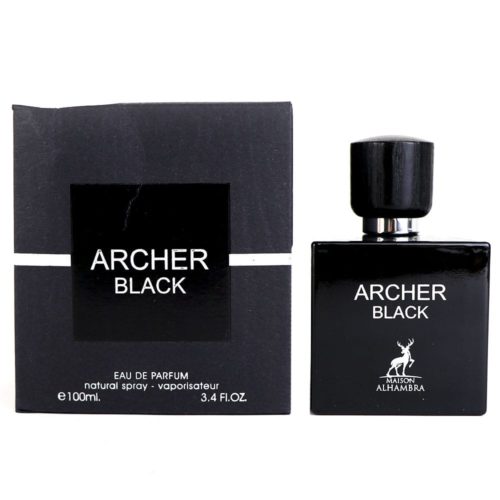 The "Archer Black" perfume bottle displayed next to its matching black box, creating a cohesive and stylish presentation.