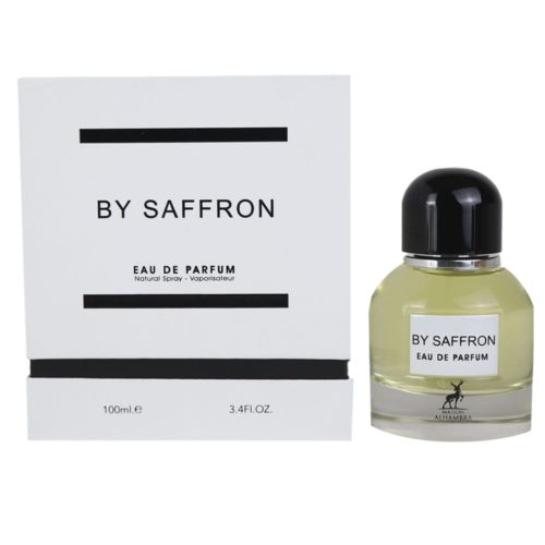 "By Saffron" Eau de Parfum bottle placed next to its white minimalist box, 100ml. The bottle has a cylindrical design with a black cap and clear glass showing the yellow liquid inside.