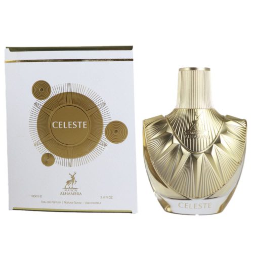 The Celeste perfume bottle next to its matching box, both displaying elegant gold and white aesthetics.