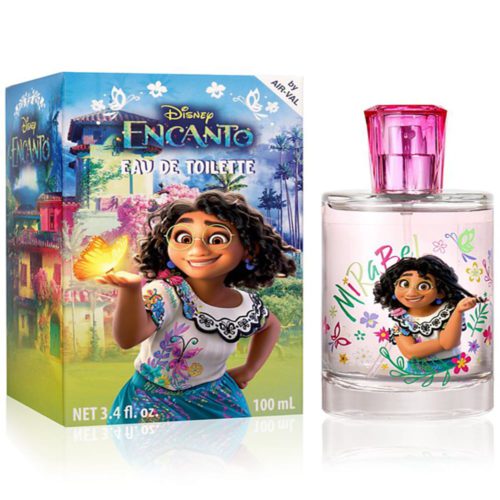 Disney Encanto Eau de Toilette 100ml featuring Mirabel. The packaging displays a colorful scene with Mirabel holding a glowing yellow butterfly in front of the magical family house, the Casita. The transparent perfume bottle has a pink cap and is decorated with a joyful image of Mirabel surrounded by flowers and the name 'Mirabel' in a playful font.