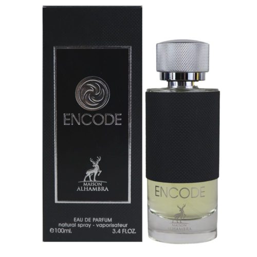Bottle and packaging of Encode Eau de Parfum for men by Maison Alhambra. The packaging is black with silver text and a deer logo, accompanied by the elegant bottle.