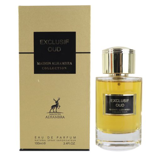 The perfume bottle "Exclusif Oud" alongside its gold box, featuring the branding "Maison Alhambra Collection."