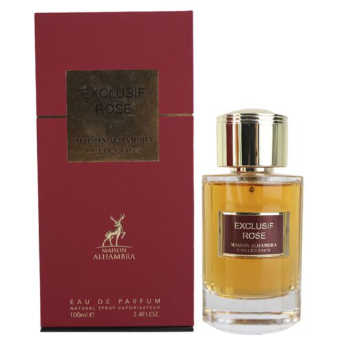 A bottle of "Exclusif Rose" Eau de Parfum by Maison Alhambra, alongside its elegant red and gold box. The bottle is sleek with a gold cap and a sophisticated design.