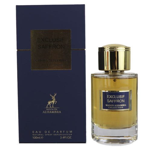The "Maison Alhambra Exclusif Saffron" perfume bottle displayed next to its matching navy blue and gold box, forming a cohesive luxury set.
