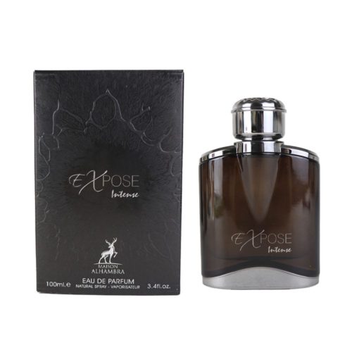Expose Intense perfume by Maison Alhambra next to its black box with embossed details and silver typography.
