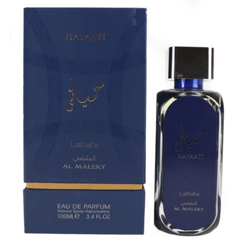 Hayaati Al Maleky Eau de Parfum 100ml by Lattafa. The perfume bottle and packaging in deep blue with gold details.