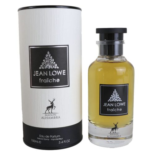 Jean Lowe Fraiche Eau de Parfum 100 ml bottle and cylindrical packaging, with a black label and Maison Alhambra logo.
